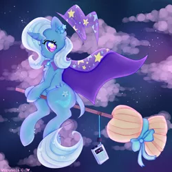 Size: 5000x5000 | Tagged: safe, artist:bunxl, derpibooru import, trixie, pony, unicorn, absurd resolution, bow, broom, cape, chest fluff, clothes, cloud, colored hooves, cute, diatrixes, ear fluff, female, flying, flying broomstick, hat, kiki's delivery service, leg fluff, mare, night, solo, trixie's cape, trixie's hat, witch