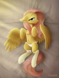 Size: 900x1200 | Tagged: suggestive, artist:scheadar, derpibooru import, fluttershy, pegasus, pony, adorasexy, bed, blushing, clothes, cute, female, looking at you, mare, on back, panties, sexy, shyabetes, smiling, solo, solo female, spread wings, stockings, thigh highs, underwear, white underwear, wings