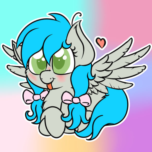 Size: 1500x1500 | Tagged: safe, artist:laptopbrony, derpibooru import, oc, oc:darcy sinclair, unofficial characters only, pegasus, pony, :p, :t, blushing, chest fluff, colored pupils, crossed hooves, cute, female, gradient background, heart, looking at you, mare, prone, smiling, solo, spread wings, tongue out, wings