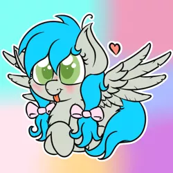 Size: 1500x1500 | Tagged: safe, artist:laptopbrony, derpibooru import, oc, oc:darcy sinclair, unofficial characters only, pegasus, pony, :p, :t, blushing, chest fluff, colored pupils, crossed hooves, cute, female, gradient background, heart, looking at you, mare, prone, smiling, solo, spread wings, tongue out, wings