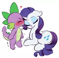 Size: 3857x3802 | Tagged: safe, artist:wickedsilly, derpibooru import, rarity, spike, dragon, pony, unicorn, baby, baby dragon, blushing, clenched fist, cute, cutie mark, eyelashes, eyeliner, eyes closed, female, floppy ears, heart, kissing, makeup, male, mare, prone, raribetes, shaking, shipping, simple background, smiling, sparity, spikabetes, spikelove, straight, white background