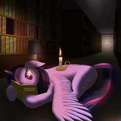 Size: 1000x1000 | Tagged: safe, artist:ilyasnow, derpibooru import, twilight sparkle, twilight sparkle (alicorn), alicorn, pony, book, bookshelf, candle, female, floppy ears, hoof hold, indoors, library, mare, prone, reading, relaxing, smiling, solo, wings down