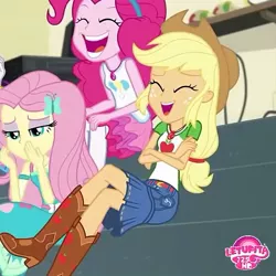 Size: 553x552 | Tagged: safe, derpibooru import, screencap, applejack, fluttershy, pinkie pie, equestria girls, equestria girls series, boots, clothes, cowboy boots, cowboy hat, cropped, denim skirt, eyes closed, female, geode of fauna, geode of sugar bombs, geode of super strength, hat, laughing, magical geodes, shoes, skirt, stetson, watermark