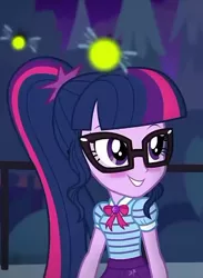 Size: 500x683 | Tagged: safe, derpibooru import, screencap, sci-twi, twilight sparkle, equestria girls, equestria girls series, star crossed, blushing, clothes, cropped, cute, geode of telekinesis, glasses, ponytail, skirt, smiling, solo, twiabetes