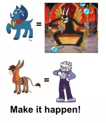 Size: 679x785 | Tagged: artist:peachiekeenie, bray, cloven hooves, cuphead, derpibooru import, devil, donkey, exploitable meme, g1, g1 to g4, generation leap, grogar, make it happen, male, meme, ram, safe, sheep