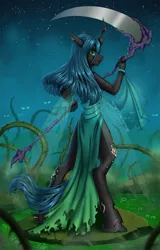 Size: 1000x1563 | Tagged: anthro, artist:jay-kuro, bubble, changeling, changeling queen, clothes, derpibooru import, dress, female, looking at you, looking back, nail polish, open mouth, plant, queen chrysalis, rear view, safe, scythe, sky, smiling, solo, stars, unguligrade anthro, vine, wings, worm
