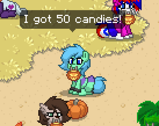 Size: 548x434 | Tagged: safe, derpibooru import, oc, oc:spearmint, unofficial characters only, pony, pony town, bikini, clothes, crossdressing, halloween, holiday, male, mouth hold, pumpkin, pumpkin bucket, swimsuit, trap