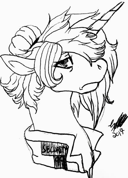 Size: 2433x3369 | Tagged: safe, artist:brainiac, derpibooru import, oc, oc:gin rummy, unofficial characters only, unicorn, black and white, chest fluff, clothes, female, floppy ears, grayscale, inktober, inktober 2017, mare, monochrome, solo, traditional art
