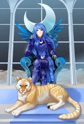 Size: 1000x1471 | Tagged: armor, artist:jay-kuro, big cat, commission, crossed legs, derpibooru import, duo, female, human, humanized, long hair, looking at you, moon, princess luna, safe, sitting, stars, throne, tiger, woman
