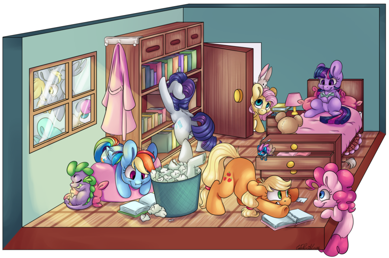 Size: 6526x4328 | Tagged: safe, artist:cutepencilcase, derpibooru import, applejack, bon bon, derpy hooves, discord, fluttershy, lyra heartstrings, pinkie pie, rainbow dash, rarity, seabreeze, spike, sweetie drops, twilight sparkle, breezie, dragon, earth pony, pegasus, pony, unicorn, absurd resolution, bed, bedroom, book, bookshelf, breaking the fourth wall, female, looking at each other, mane six, mare, sleeping, smiling, window