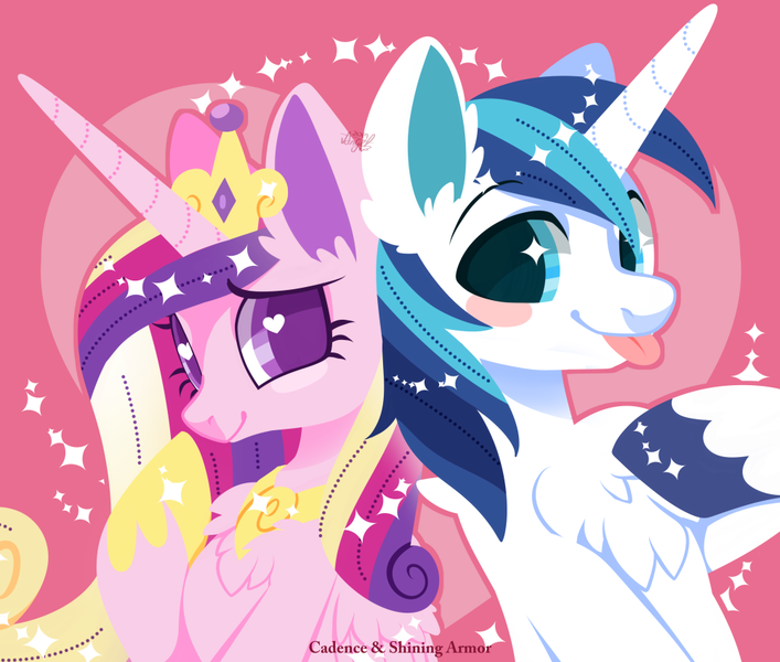 Size: 1000x849 | Tagged: safe, artist:snow angel, derpibooru import, princess cadance, shining armor, alicorn, pony, unicorn, :p, blush sticker, blushing, chest fluff, colored pupils, cute, cutedance, ear fluff, female, heart, heart background, heart eyes, husband and wife, jewelry, lidded eyes, looking at you, male, mare, pink background, raised hoof, regalia, shining adorable, shiningcadance, shipping, signature, silly, simple background, smiling, sparkles, stallion, starry eyes, straight, sweet dreams fuel, tongue out, wing fluff, wingding eyes