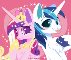 Size: 1000x849 | Tagged: safe, artist:snow angel, derpibooru import, princess cadance, shining armor, alicorn, pony, unicorn, :p, blush sticker, blushing, chest fluff, colored pupils, cute, cutedance, ear fluff, female, heart, heart background, heart eyes, husband and wife, jewelry, lidded eyes, looking at you, male, mare, pink background, raised hoof, regalia, shining adorable, shiningcadance, shipping, signature, silly, simple background, smiling, sparkles, stallion, starry eyes, straight, sweet dreams fuel, tongue out, wing fluff, wingding eyes