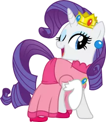 Size: 1734x2002 | Tagged: safe, artist:davidsfire, derpibooru import, rarity, pony, unicorn, clothes, cosplay, costume, crossover, crown, dress, female, mare, nintendo, one eye closed, open mouth, princess peach, raised hoof, raripeach, regalia, request, simple background, solo, super mario bros., transparent background, wink