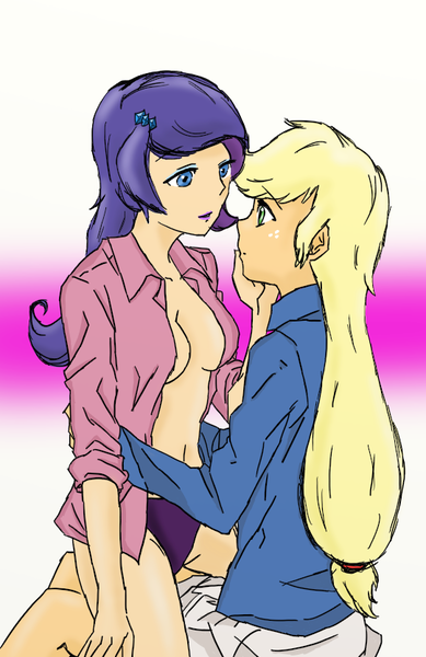 Size: 541x834 | Tagged: suggestive, artist:eulicious, derpibooru import, applejack, rarity, human, breasts, clothes, female, humanized, lesbian, lipstick, looking at each other, open clothes, panties, rarijack, shipping, simple background, underwear