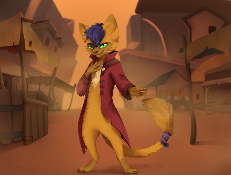 Size: 1024x778 | Tagged: abyssinian, anthro, artist:reysi, capper dapperpaws, cat, clothes, coat, derpibooru import, digitigrade anthro, klugetown, looking at you, male, my little pony: the movie, paw pads, paws, safe, solo, underpaw
