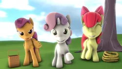 Size: 1280x720 | Tagged: safe, artist:szczerbix, derpibooru import, apple bloom, scootaloo, sweetie belle, earth pony, pegasus, pony, unicorn, 3d, adorabloom, basket, cute, cutie mark crusaders, diasweetes, eyes closed, grass field, looking at you, rope, source filmmaker, tree