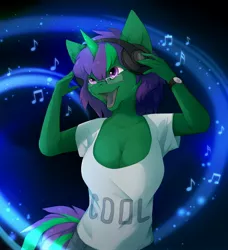 Size: 1972x2160 | Tagged: safe, artist:reysi, derpibooru import, oc, oc:buggy code, unofficial characters only, anthro, anthro oc, breasts, cleavage, clothes, female, headphones, mare, music notes, shirt, smiling, solo, uniform