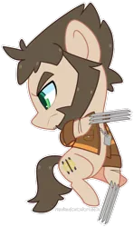 Size: 533x901 | Tagged: safe, artist:riouku, derpibooru import, ponified, earth pony, pony, anti-hero, bone spike projection, chibi, claws, clothes, crossover, dog tags, green eyes, jacket, james howlett, logan, male, marvel, serious, serious face, sideburns, simple background, solo, stallion, transparent background, wolverine, x-men