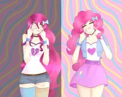 Size: 3984x3166 | Tagged: safe, artist:blueblueberry99, derpibooru import, pinkie pie, equestria girls, clothes, cute, eyes closed, human coloration, pinkamena diane pie, shorts, skirt, smiling, socks, thigh highs, zettai ryouiki