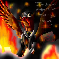 Size: 727x725 | Tagged: safe, artist:florarena-kitasatina/dragonborne fox, derpibooru import, part of a set, ponified, pegasus, pony, clothes, colored wings, crossover, death threat, destruction, dialogue, embers, epic battle fantasy, fire, glowing eyes, glowing eyes of doom, hair over one eye, implied multiple ponies, lance (epic battle fantasy), looking at you, male, military uniform, nightmare fuel, ow the edge, raised hoof, red eyes take warning, rubble, sinister smile, smoke, solo, spread wings, staring into your soul, the fourth wall cannot save you, the last of these is not like the others, this will end in tears and/or death, torn ear, uniform, watermark, what a lovely pony to meet in the middle of the night, wings