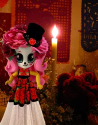 Size: 612x780 | Tagged: safe, artist:whatthehell!?, derpibooru import, edit, fluttershy, equestria girls, calaverita, candle, cempasúchil, clothes, dia de los muertos, doll, equestria girls minis, flower, hat, irl, makeup, outfit, photo, skull, toy