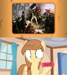 Size: 639x714 | Tagged: semi-grimdark, derpibooru import, edit, oc, oc:cream heart, unofficial characters only, human, pony, democracy, eraser, exploitable meme, female, for really big mistakes, france, french flag, history, mare, meme, monarchy, painting, politics, surprised, the french revolution, war