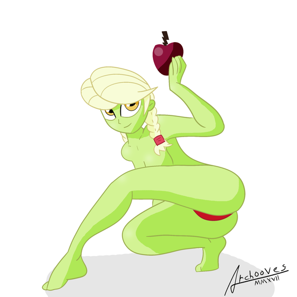 Size: 2000x2000 | Tagged: suggestive, artist:archooves, derpibooru import, granny smith, equestria girls, apple, base used, breasts, female, food, nudity, sexy, solo, stupid sexy granny smith, young granny smith, younger