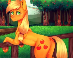 Size: 1024x819 | Tagged: safe, artist:a-vomikaa, artist:artflaffu, derpibooru import, applejack, earth pony, pony, apple tree, female, fence, leaning, looking at you, looking back, looking back at you, mare, outdoors, rainbow, signature, smiling, solo, sweet apple acres, tree