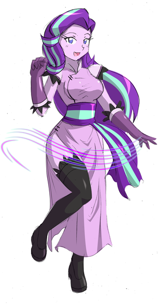 Size: 1551x2991 | Tagged: safe, artist:danmakuman, derpibooru import, starlight glimmer, equestria girls, breasts, busty starlight glimmer, cheongsam, clothes, commission, female, gloves, looking at you, open mouth, raised leg, simple background, smiling, solo, stockings, thigh highs, white background