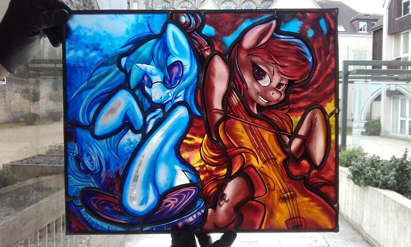 Size: 1200x720 | Tagged: artist needed, safe, artist:ganighost, artist:hobbes-maxwell, derpibooru import, octavia melody, vinyl scratch, earth pony, pony, unicorn, cello, craft, duo, irl, musical instrument, photo, record, stained glass (irl), turntable