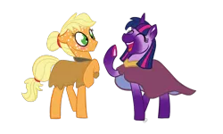 Size: 2000x1200 | Tagged: safe, artist:sallindaemon, derpibooru import, applejack, twilight sparkle, pony, alternate design, blushing, clothes, dappled, dress, freckles, laughing, simple background, transparent background