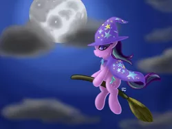Size: 1600x1200 | Tagged: safe, artist:bleuey, derpibooru import, starlight glimmer, pony, unicorn, accessory swap, broom, cape, clothes, cloud, flying, flying broomstick, full moon, halloween, hat, holiday, moon, night, solo, the great and powerful, the great and powerful starlight, trixie's cape, trixie's hat