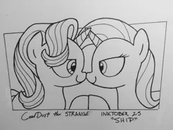 Size: 1280x960 | Tagged: safe, artist:coaldustthestrange, derpibooru import, starlight glimmer, trixie, pony, unicorn, boop, duo, female, horns are touching, lesbian, monochrome, noseboop, shipping, startrix, traditional art