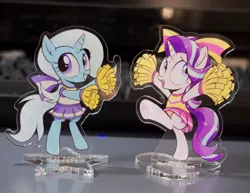 Size: 1200x924 | Tagged: safe, artist:k-nattoh, derpibooru import, starlight glimmer, trixie, pony, unicorn, acrylic plastic, acrylic standee, bow, cheerleader, clothes, craft, cute, diatrixes, duo, figurine, glimmerbetes, orange underwear, panties, photo, pleated skirt, pom pom, ponytail, ribbon, skirt, skirt lift, sweat, tanktop, traditional art, underwear, upskirt