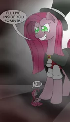 Size: 863x1500 | Tagged: safe, artist:zsocreed, derpibooru import, pinkie pie, pony, clothes, dr jekyll and mr hyde, dr pinkie and miss pie, duality, hat, inner demons, macro, micro, pinkamena diane pie, size difference, top hat