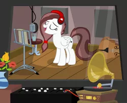 Size: 12000x9679 | Tagged: safe, artist:xenoneal, derpibooru import, oc, oc:scarlet blitz, unofficial characters only, pegasus, pony, absurd resolution, cello, female, glass, gramophone, mare, microphone, musical instrument, solo, vase, water