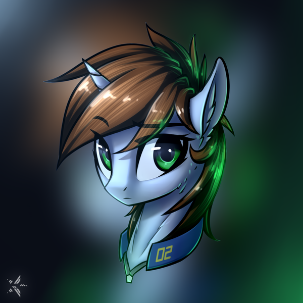 Size: 1100x1100 | Tagged: safe, artist:starfall-spark, derpibooru import, oc, oc:littlepip, unofficial characters only, pony, unicorn, fallout equestria, fanfic, bust, clothes, ear fluff, fanfic art, female, head, horn, mare, portrait, solo, vault suit