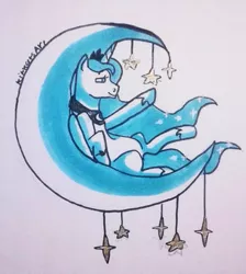 Size: 456x510 | Tagged: safe, artist:kitkatsart, derpibooru import, princess luna, alicorn, pony, crescent moon, female, inktober, mare, moon, simple background, smiling, solo, tangible heavenly object, traditional art