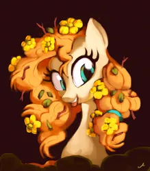 Size: 1838x2100 | Tagged: safe, artist:docwario, derpibooru import, pear butter, earth pony, pony, bust, female, flower, flower in hair, looking sideways, mare, portrait, solo, tongue out