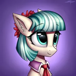 Size: 3000x3000 | Tagged: safe, artist:setharu, derpibooru import, coco pommel, earth pony, pony, bust, chest fluff, clothes, cocobetes, cute, ear fluff, eyebrows, female, looking up, mare, necktie, portrait, signature, smiling, solo, three quarter view