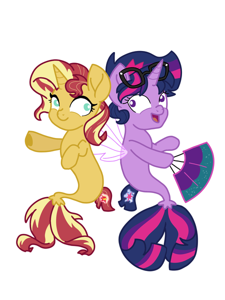 Size: 1500x2000 | Tagged: safe, artist:chautung, derpibooru import, sci-twi, sunset shimmer, twilight sparkle, ponified, pony, seapony (g4), equestria girls, my little pony: the movie, dancing, equestria girls ponified, female, lesbian, scitwishimmer, seaponified, seapony sci-twi, seapony sunset, seapony twilight, shipping, simple background, smiling, species swap, sunsetsparkle