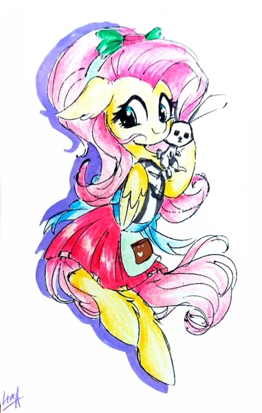 Size: 2120x3336 | Tagged: safe, artist:liaaqila, derpibooru import, angel bunny, fluttershy, ponified, pegasus, pony, eqg summertime shorts, pet project, clothes, cute, equestria girls outfit, equestria girls ponified, female, floppy ears, folded wings, hairband, hoof hold, looking at you, mare, shyabetes, simple background, smiling, traditional art, white background, wings