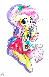 Size: 2120x3336 | Tagged: safe, artist:liaaqila, derpibooru import, angel bunny, fluttershy, ponified, pegasus, pony, eqg summertime shorts, pet project, clothes, cute, equestria girls outfit, equestria girls ponified, female, floppy ears, folded wings, hairband, hoof hold, looking at you, mare, shyabetes, simple background, smiling, traditional art, white background, wings