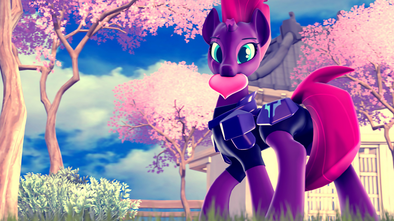 Size: 1920x1080 | Tagged: safe, artist:loveslove, derpibooru import, fizzlepop berrytwist, tempest shadow, pony, unicorn, my little pony: the movie, 3d, broken horn, cute, female, heart, looking at you, mare, pretty pretty tempest, scenery, solo, source filmmaker, tempestbetes