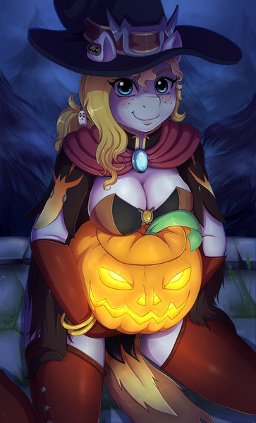 Size: 1514x2500 | Tagged: suggestive, artist:evomanaphy, derpibooru import, oc, oc:evo, unofficial characters only, anthro, earth pony, adorasexy, anthro oc, big breasts, breasts, cleavage, clothes, cute, explicit source, female, freckles, halloween, hat, holiday, jack-o-lantern, looking at you, mare, mercy, night, ocbetes, overwatch, pumpkin, sexy, smiling, solo, solo female, thighs, witch hat, witch mercy