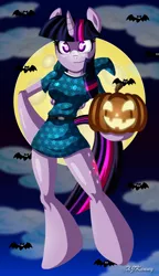 Size: 1000x1742 | Tagged: alicorn, anthro, arm hooves, artist:xjkenny, bat, breasts, cloud, derpibooru import, female, full moon, halloween, holiday, jack-o-lantern, mare, moon, night, pumpkin, safe, smiling, twilight sparkle, twilight sparkle (alicorn), unguligrade anthro