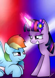 Size: 2480x3507 | Tagged: safe, artist:twidasher, derpibooru import, rainbow dash, twilight sparkle, pegasus, pony, unicorn, female, flower, flower in hair, glowing horn, grin, lesbian, looking at each other, mare, shipping, smiling, twidash