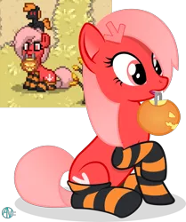 Size: 2107x2520 | Tagged: safe, artist:arifproject, derpibooru import, oc, oc:downvote, ponified, unofficial characters only, earth pony, pony, derpibooru, pony town, clothes, derpibooru ponified, halloween, holiday, meta, pumpkin bucket, raised hoof, simple background, sitting, socks, stockings, striped socks, thigh highs, transparent background, vector