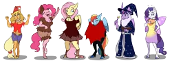 Size: 3586x1283 | Tagged: safe, artist:rimmi1357, derpibooru import, applejack, fluttershy, pinkie pie, rainbow dash, rarity, twilight sparkle, twilight sparkle (alicorn), alicorn, anthro, earth pony, unguligrade anthro, unicorn, clothes, costume, line-up, mane six, nightmare night, simple background, transparent background