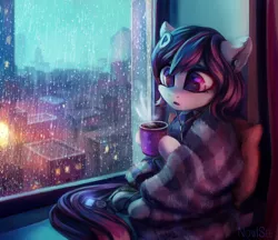 Size: 1790x1545 | Tagged: safe, artist:inowiseei, derpibooru import, oc, oc:rainfall bloom, unofficial characters only, earth pony, pony, blanket, chocolate, city, color porn, comfy, commission, cozy, drink, female, food, headphones, hot chocolate, mare, mp3 player, rain, slice of life, solo, window